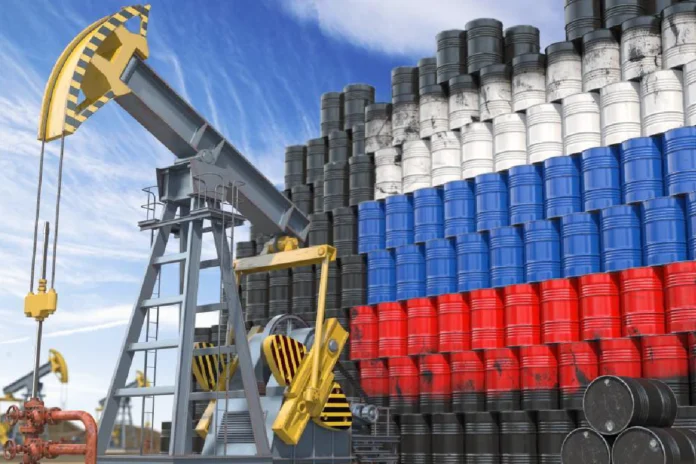 Plataformas petroleras rusas con gráfico de aumento del precio del petróleo Plataformas petroleras rusas con gráfico de aumento del precio del petróleo por conflicto en Medio Oriente