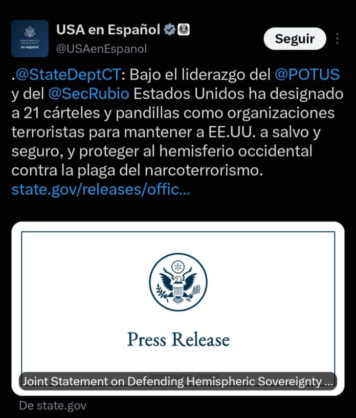 Estados Unidos amplía a 21 los grupos criminales designados como terroristas
