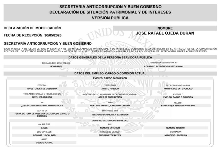 Rafael Ojeda reportó 2 millones 40 mil pesos de ingresos durante 2025 Rafael Ojeda reportó 2 millones 40 mil pesos de ingresos durante 2025