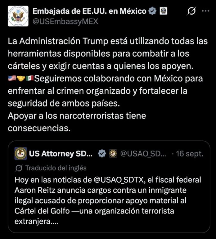 Embajada de EU advierte consecuencias por apoyar al Cártel del Golfo Embajada de EU advierte consecuencias por apoyar al Cártel del Golfo