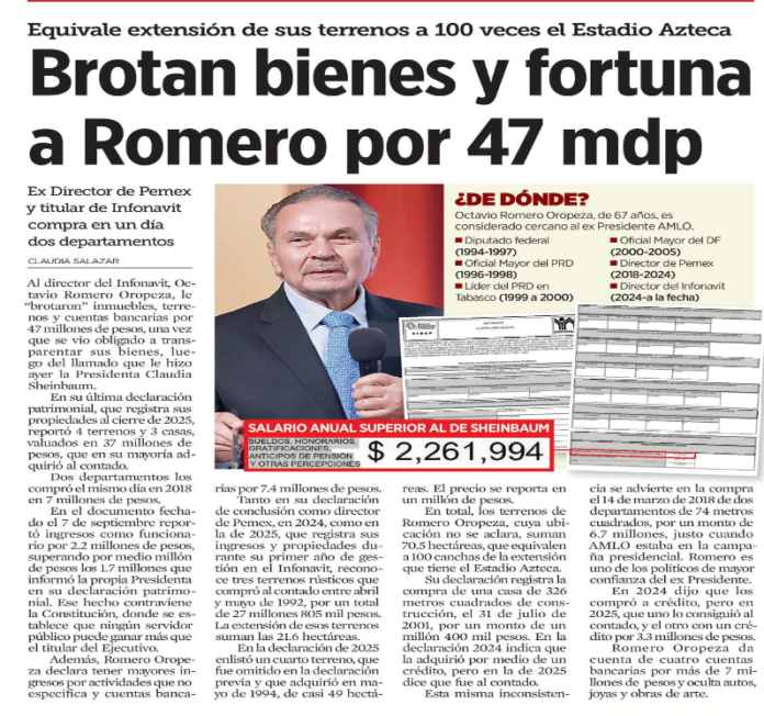Octavio Romero Oropeza reporta patrimonio de 47.5 millones de pesos