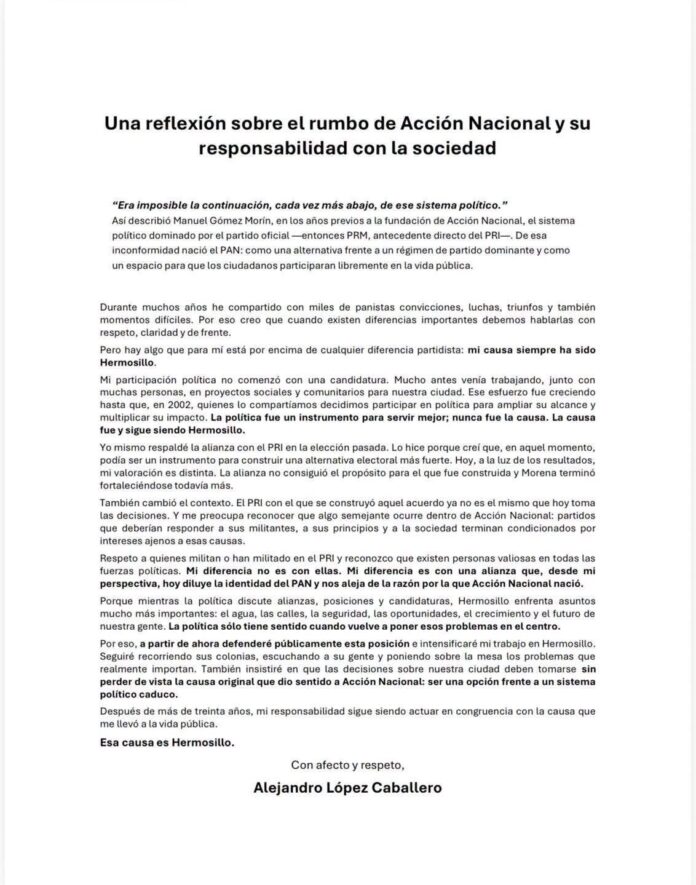 Alejandro López Caballero anuncia proyecto por Hermosillo fuera del PAN