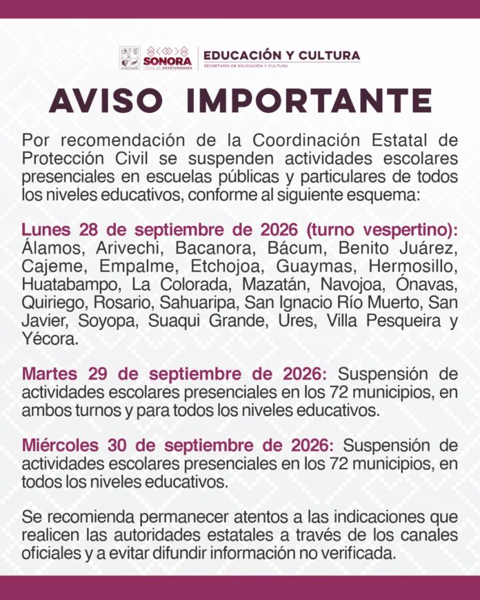 Suspensión de clases en Sonora por efectos del huracán Polo